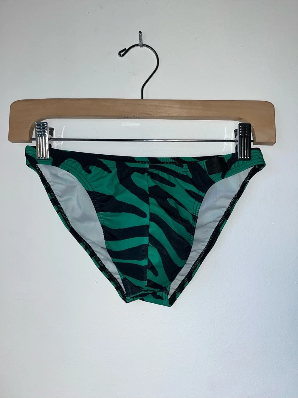 Men's Green Zebra-Print Swim Trunks and Short Sleeve Zip Swim Top